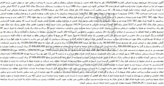 آگهی مزایده ششدانگ پلاک 142 فرعی از 5117 اصلی بخش 1