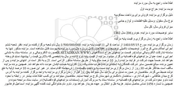 مزایده فروش خودرو206 مدل 1382