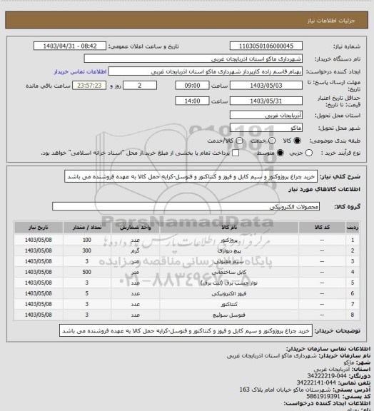 استعلام خرید چراغ پروژوکتور و سیم کابل و فیوز و کنتاکتور و فتوسل-کرایه حمل کالا به عهده فروشنده می باشد