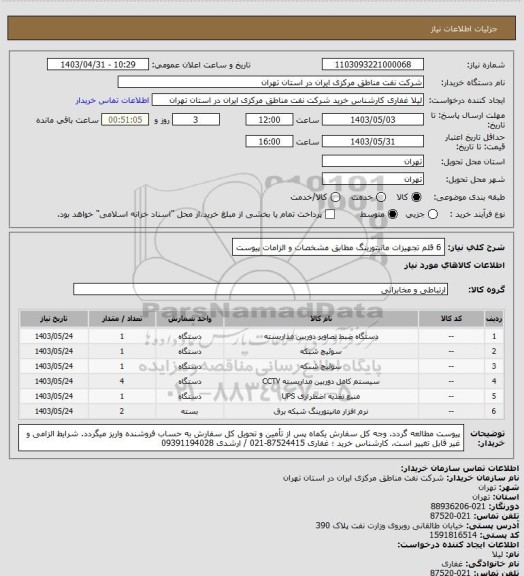 استعلام 6 قلم تجهیزات مانیتورینگ مطابق مشخصات و الزامات پیوست