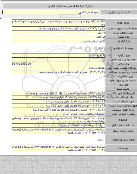 مناقصه, نجام خدمات تأمین تعداد ۳۵ دستگاه خودرو سواری دارای مجوز ورود به محدوده طرح ترافیک به همراه راننده به
