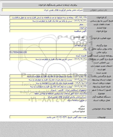 مناقصه, واگذاری اداره امور خدمات پشتیبانی منطقه و نواحی تابعه
