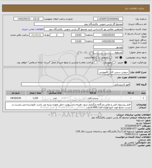 استعلام درپوش سینی کابل کامپوزیتی