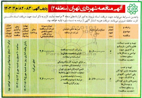 مناقصه تهیه و نصب نیمکت، فلاورباکس، باربیکیو و ...