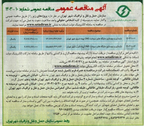 مناقصه بازسازی و بهسازی جایگاه های سوخت CNG ...