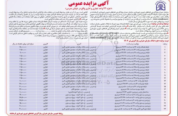 مزایده اجاره 23 واحد تجاری و اداری 