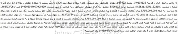 آگهی مزایده  یک دستگاه خودرو سواری تیبا2 مدل 1396 