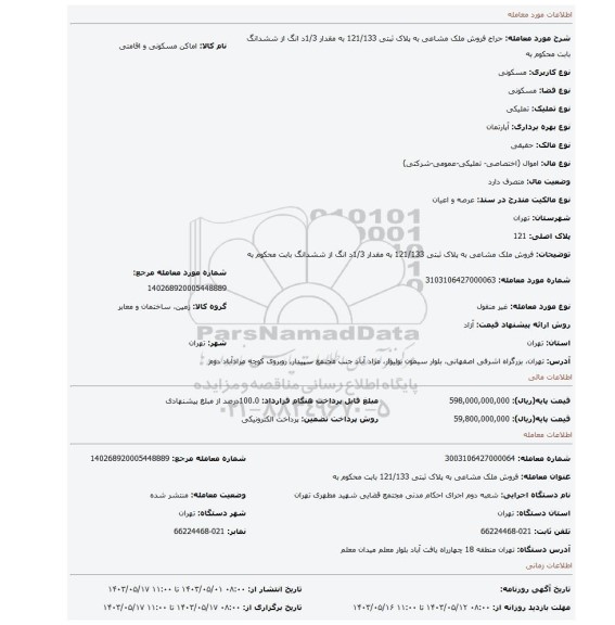 فروش ملک مشاعی به پلاک ثبتی  121/133 به مقدار 1/3د انگ از ششدانگ بابت محکوم به