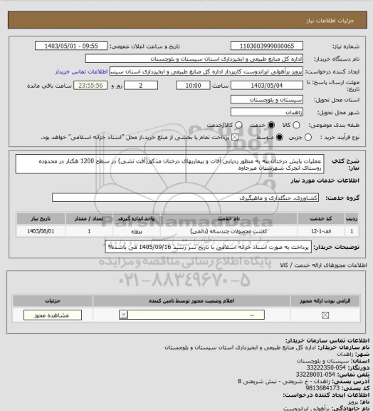 استعلام عملیات پایش درختان بنه به منظور ردیابی آفات و بیماریهای درختان مذکور(آفت تشی) در سطح 1200 هکتار در محدوده روستای انجرک شهرستان میرجاوه