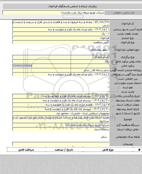 مناقصه, تجدید اجرای طرح های توسعه و احداث، اصلاح و بهینه سازی امور برق محمود آباد و سرخرود