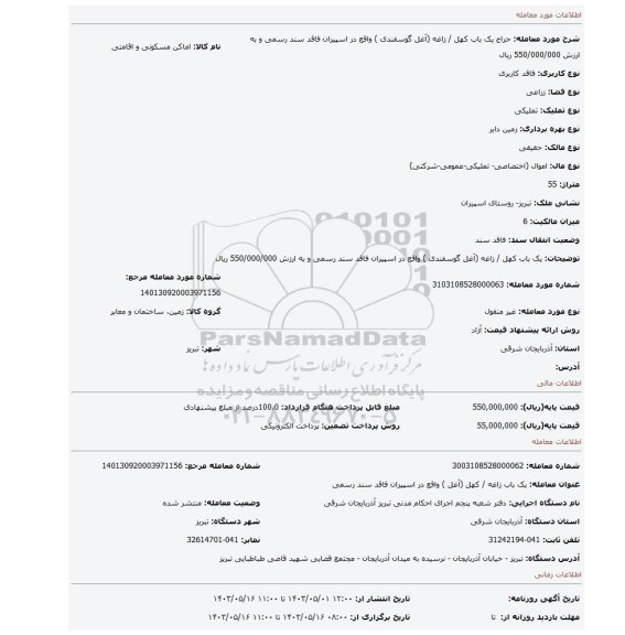 یک باب کهل / زاغه (آغل گوسفندی )  واقع در اسپیران فاقد سند رسمی و به ارزش 550/000/000 ریال