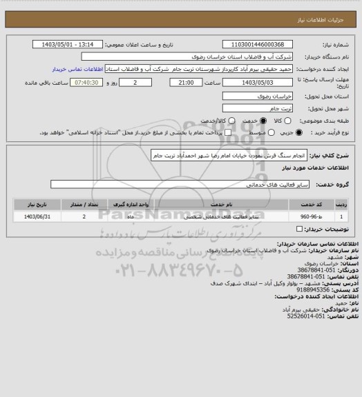 استعلام انجام سنگ فرش نمودن خیابان امام رضا شهر احمدآباد تربت جام