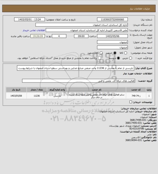 استعلام بازرسی از تمام یا بخشی از 11236 واحد صنفی صنایع غذایی و بهداشتی سطح استان اصفهان با شرایط پیوست
