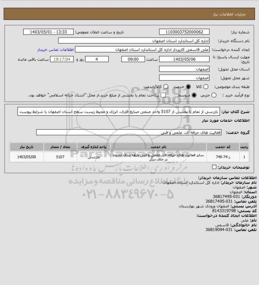 استعلام بازرسی از تمام یا بخشی از 5107 واحد صنفی صنایع فلزی، انرژی و محیط زیست سطح استان اصفهان با شرایط پیوست