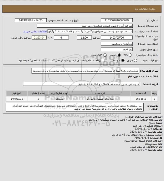 استعلام شناسایی وقطع مصارف غیرمجازآب درحوزه روستایی بویراحمدومادوان طبق مشخصات و برآوردپیوست