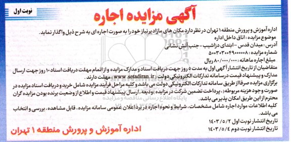 مزایده اجاره اتاق داخل اداره
