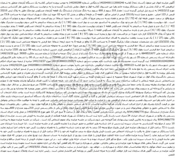 آگهی مزایده مقدار 310 سهم از 600 سهم سه دانگ مشاع از ششدانگ یک قطعه آپارتمان مسکونی نوع ملک طلق به پلاک ثبتی 33210 فرعی از 123 اصلی