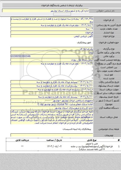 مناقصه, آماده سازی معابر سایت ۴۵۰ هکتاری شهر بوشهر زون C