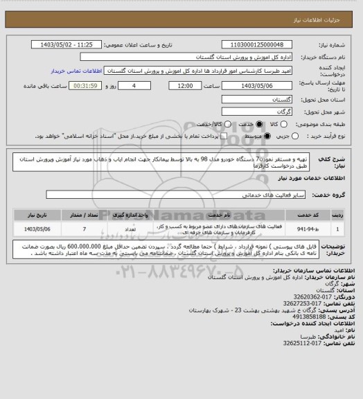 استعلام تهیه و مستقر نمودن7 دستگاه خودرو مدل 98 به بالا توسط پیمانکار  جهت انجام ایاب و ذهاب مورد نیاز آموزش وپرورش استان طبق درخواست کارفرما