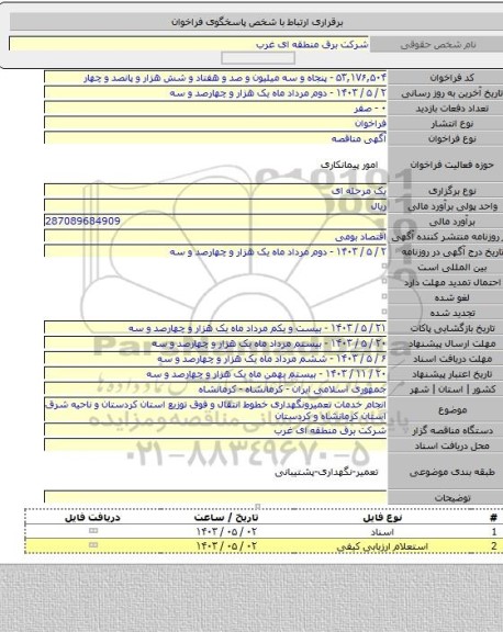 مناقصه, انجام خدمات تعمیرونگهداری خطوط انتقال و فوق توزیع استان کردستان و ناحیه شرق استان کرمانشاه و کردستان