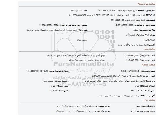 امتیاز سیم کارت شماره 09121163267