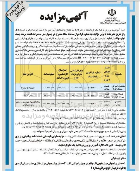 مزایده ساختمان و فضاهای آموزشی مازاد نیاز فراخوان دوم نوبت اول