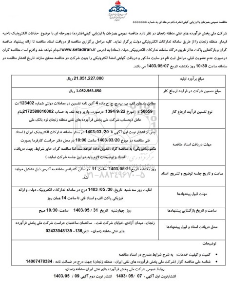 مناقصه حفاظت الکترونیک ناحیه قیدار