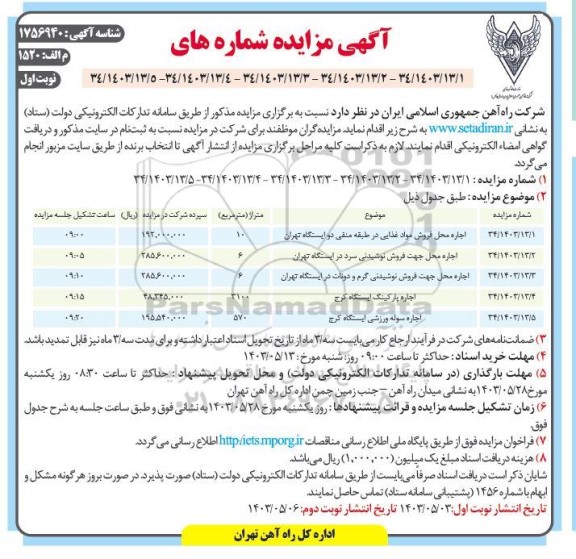 مزایده اجاره محل فروش مواد غذایی....