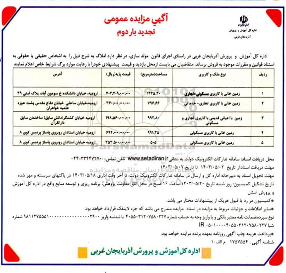 تجدید بار دوم مزایده فروش پنج زمین خالی با کاربری مسکونی تجاری خدماتی
