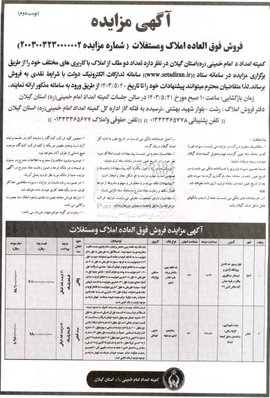 مزایده فروش املاک و مستغلات با کرابری مسکونی و اداری فرهنگی- نوبت دوم