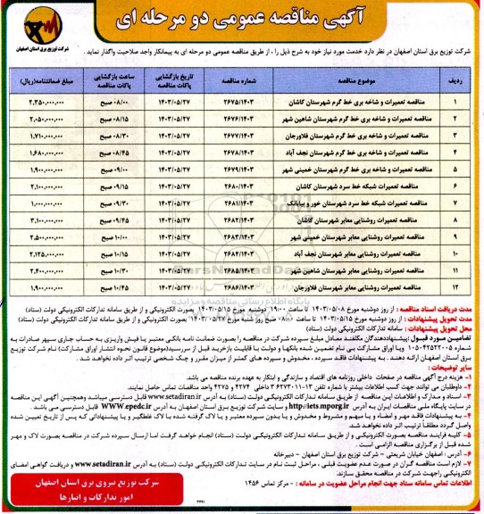 مناقصه عمومی تعمیرات و شاخه بری خط گرم شهرستان.... 