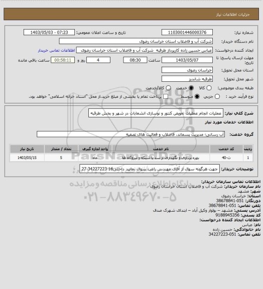 استعلام عملیات انجام عملیات تعویض کنتور و نوسازی انشعابات در شهر و بخش طرقبه