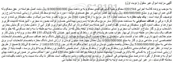 مزایده فروش یک باب مغازه به مساحت حدود 15 متر مربع با ارتفاع حدود 2/60 متر مربع