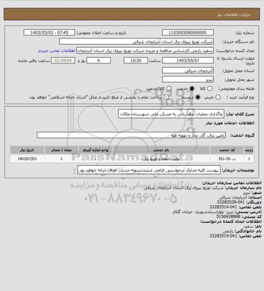 استعلام واگذاری عملیات برقرسانی به مسکن ملی شهرستان ملکان