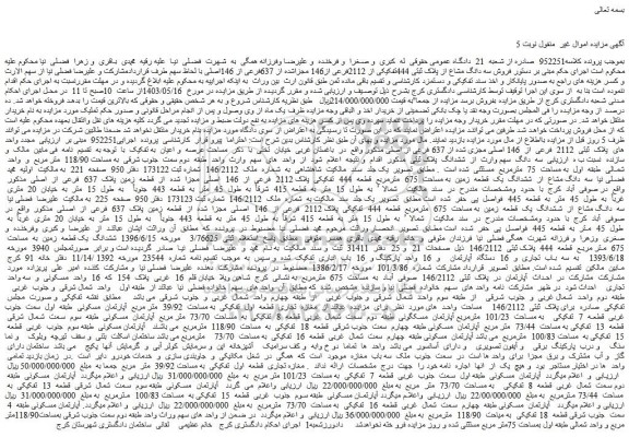مزایده فروش سه دانگ مشاع از پلاک ثبتی 444تفکیکی از 2112فرعی از146 مجزاشده از 637فرعی از 146اصلی