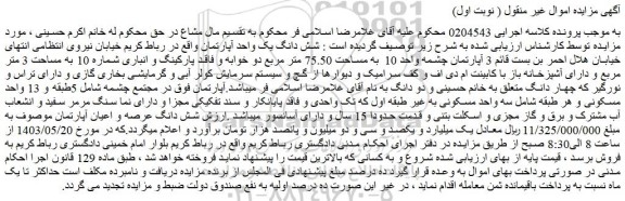 مزایده فروش شش دانگ یک واحد آپارتمان
