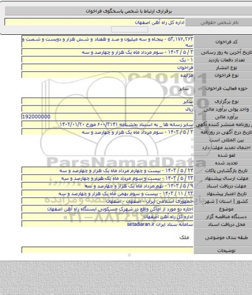 مزایده, اجاره دو مورد از اماکن واقع در شهرک مسکونی ایستگاه راه آهن اصفهان