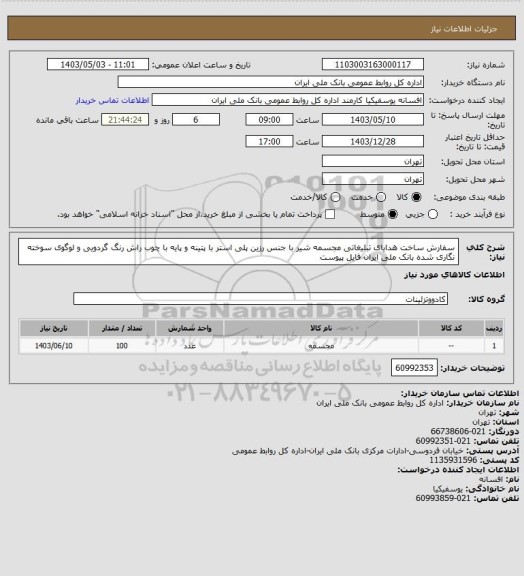 استعلام سفارش ساخت هدایای تبلیغاتی مجسمه شیر با جنس رزین پلی استر با پتینه و پایه با چوب راش رنگ گردویی و لوگوی سوخته نگاری شده بانک ملی ایران فایل پیوست