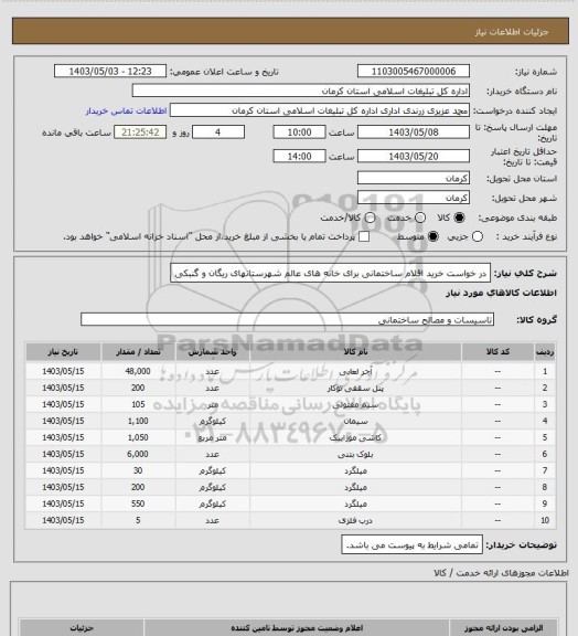 استعلام در خواست خرید اقلام ساختمانی برای خانه های عالم شهرستانهای ریگان و گنبکی