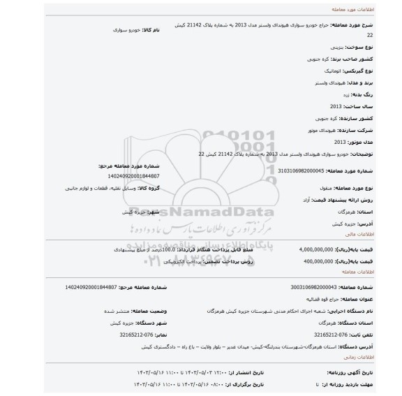 مزایده، خودرو سواری هیوندای ولستر  مدل 2013 به شماره پلاک 21142 کیش 22