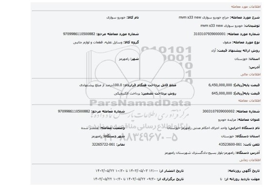 مزایده، خودرو سواری mvm x33 new
