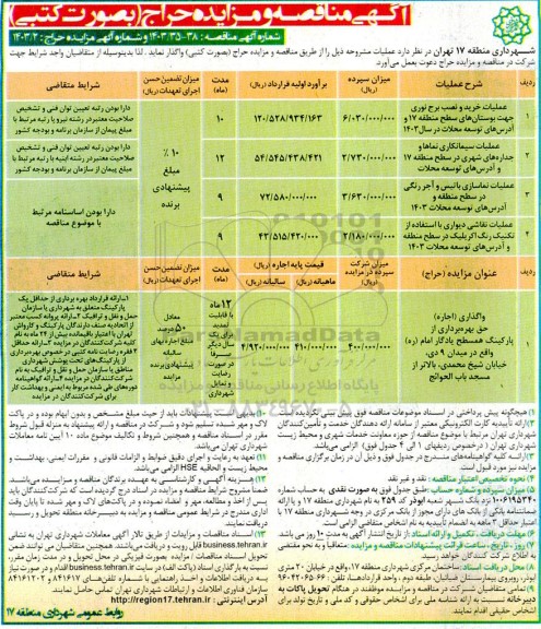 مناقصه و مزایده واگذاری (اجاره) حق بهره برداری از پارکینگ