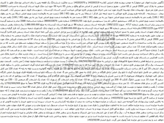 آگهی مزایده ششدانگ یک قطعه زمین با بنای احداثی نوع ملک طلق با کاربری صنعتی به پلاک ثبتی 2930 فرعی از 65 اصلی