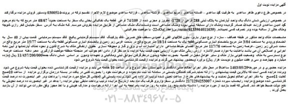 مزایده فروش شش دانگ یک واحد آپارتمان به پلاک ثبتی 288 فرعی از 1728- مفروز و مجزی شده از 74/109 فرعی قطعه یک تفکیکی بخش یک سقز به مساحت حدوداً 68/67 متر مربع