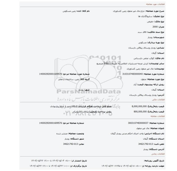 مزایده، مال غیر منقول زمین کشاورزی