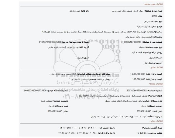 مزایده، فروش شش دانگ خودرو پراید