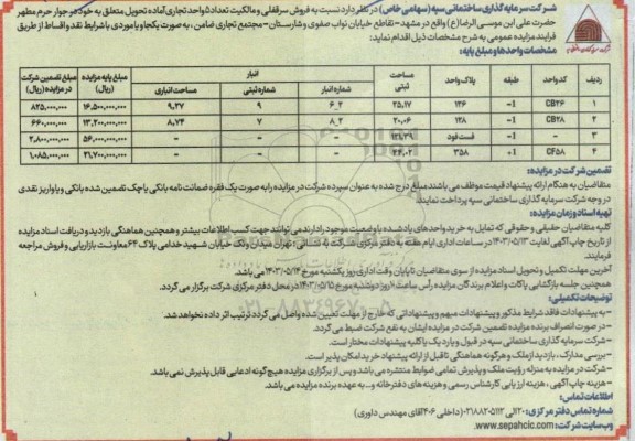 مزایده فروش سرقفلی و مالکیت تعداد 5 واحد تجاری