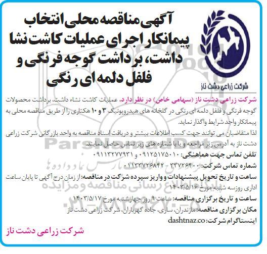 مناقصه محلی انتخاب پیمانکار اجرای عملیات کاشت نشا داشت، برداشت گوجه فرنگی و فلفل دلمه ای رنگی