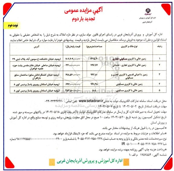 تجدید بار دوم مزایده فروش پنج زمین خالی با کاربری مسکونی - تجاری خدماتی / نوبت دوم