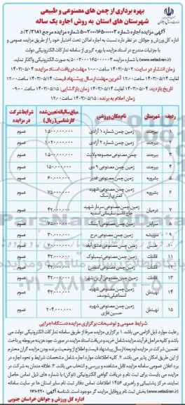 مزایده بهره برداری از چمن های مصنوعی و طبیعی شهرستان های...
